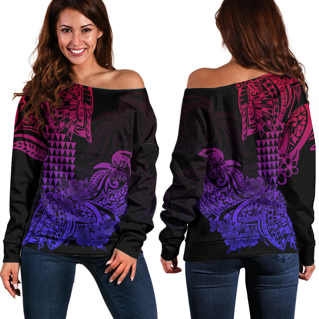 Hawaii Kakau Off Shoulder Sweater Polynesian Floral Tribal Gradient Version