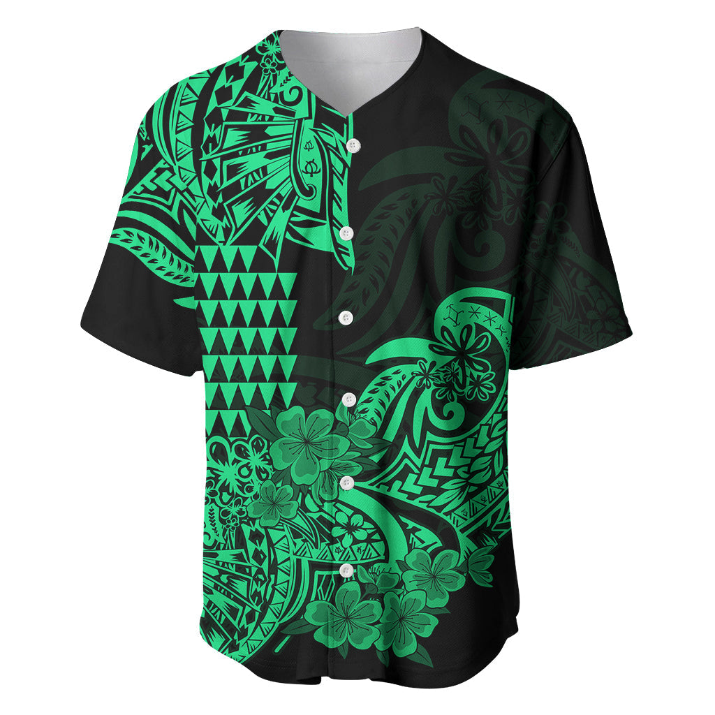 Hawaii Kakau Baseball Jersey Polynesian Floral Tribal Green Version