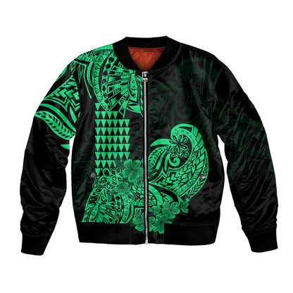 Hawaii Kakau Bomber Jacket Polynesian Floral Tribal Green Version