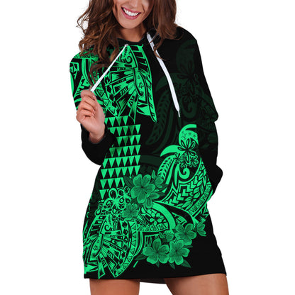 Hawaii Kakau Hoodie Dress Polynesian Floral Tribal Green Version