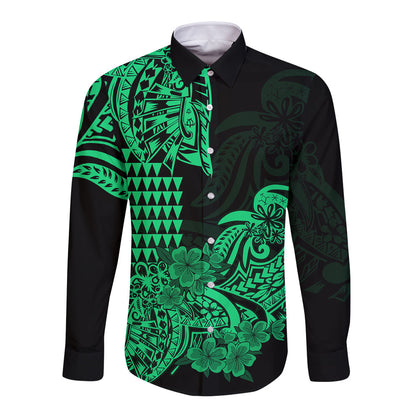 Hawaii Kakau Long Sleeve Button Shirt Polynesian Floral Tribal Green Version