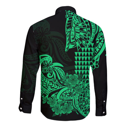 Hawaii Kakau Long Sleeve Button Shirt Polynesian Floral Tribal Green Version