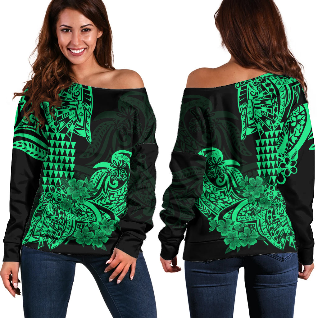 Hawaii Kakau Off Shoulder Sweater Polynesian Floral Tribal Green Version