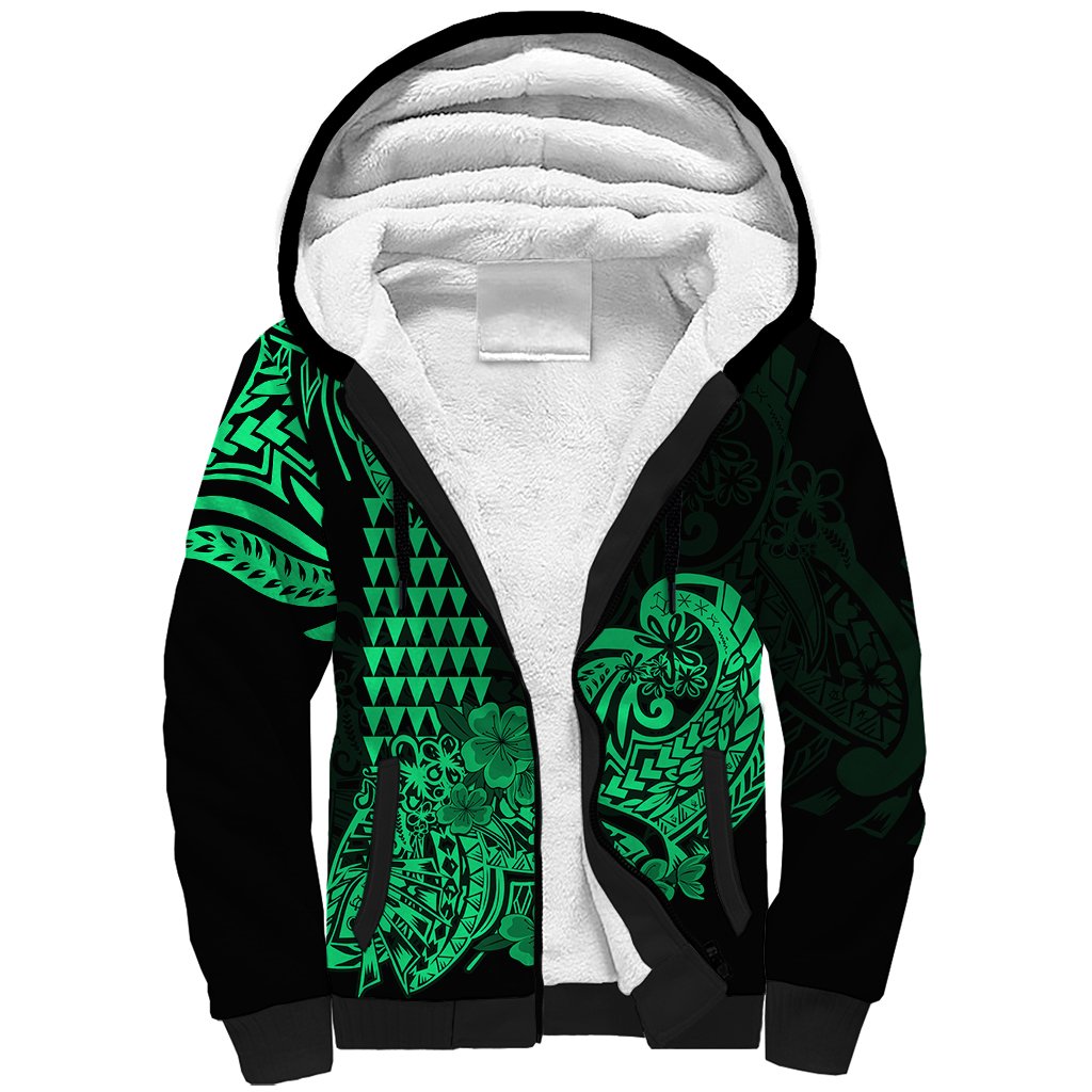 Hawaii Kakau Sherpa Hoodie Polynesian Floral Tribal Green Version
