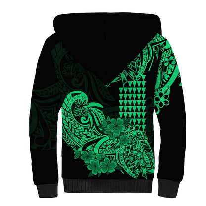 Hawaii Kakau Sherpa Hoodie Polynesian Floral Tribal Green Version