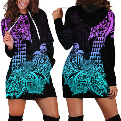 Hawaii Kakau Hoodie Dress Polynesian Floral Tribal Heliotrope Version