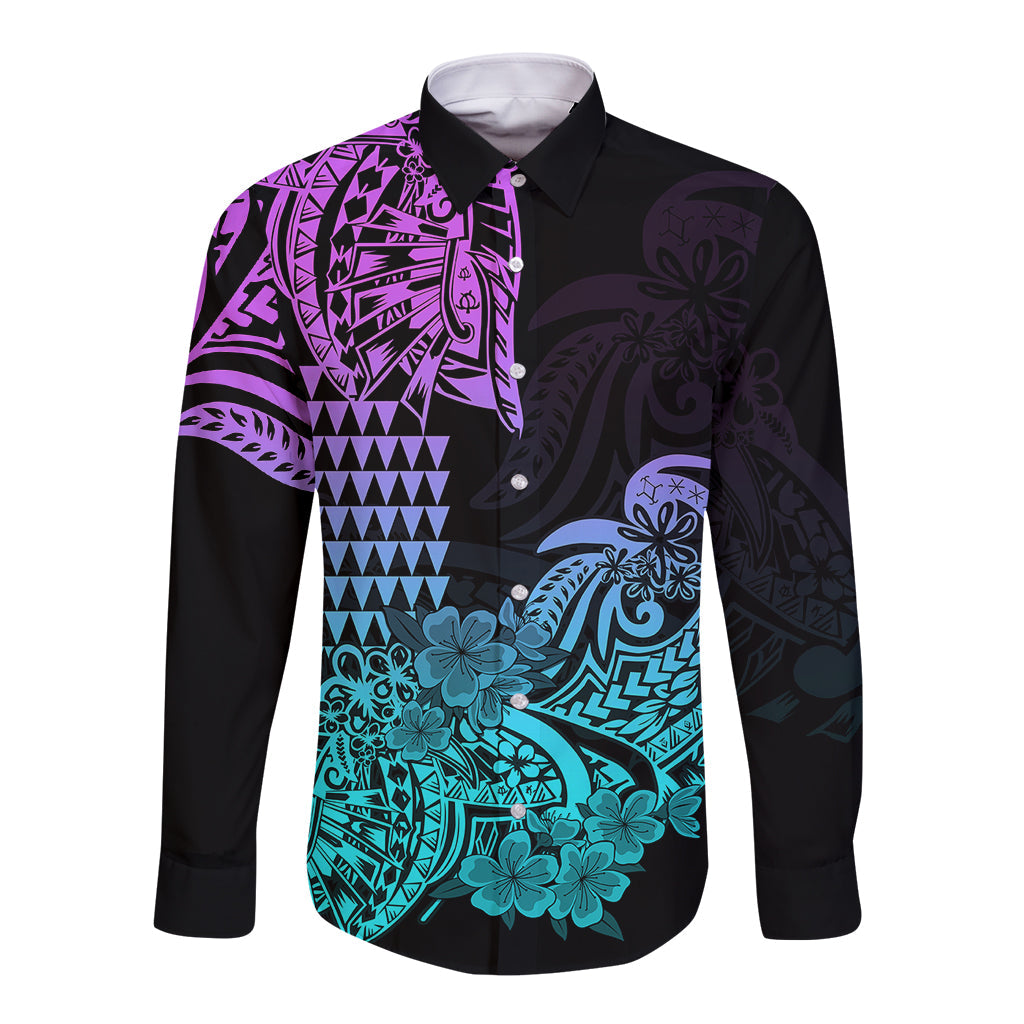 Hawaii Kakau Long Sleeve Button Shirt Polynesian Floral Tribal Heliotrope Version