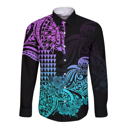 Hawaii Kakau Long Sleeve Button Shirt Polynesian Floral Tribal Heliotrope Version