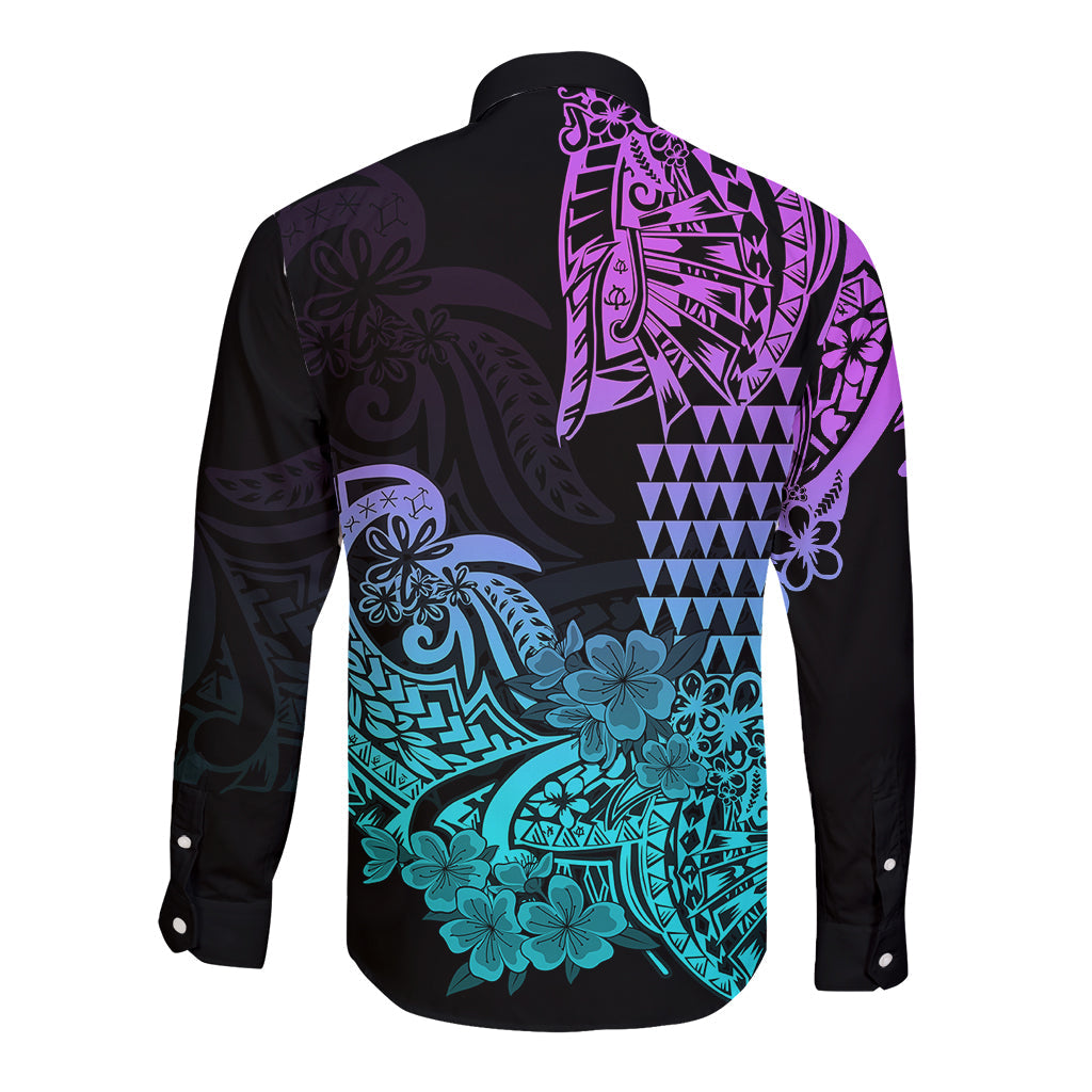 Hawaii Kakau Long Sleeve Button Shirt Polynesian Floral Tribal Heliotrope Version