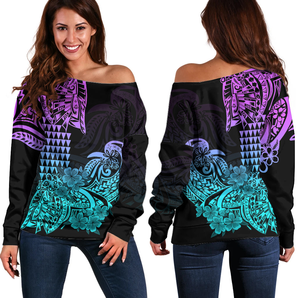 Hawaii Kakau Off Shoulder Sweater Polynesian Floral Tribal Heliotrope Version