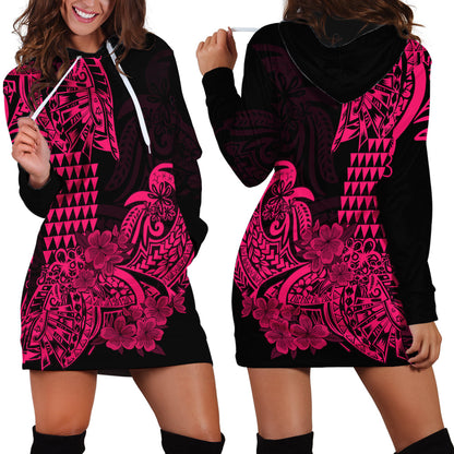 Hawaii Kakau Hoodie Dress Polynesian Floral Tribal Pink Version