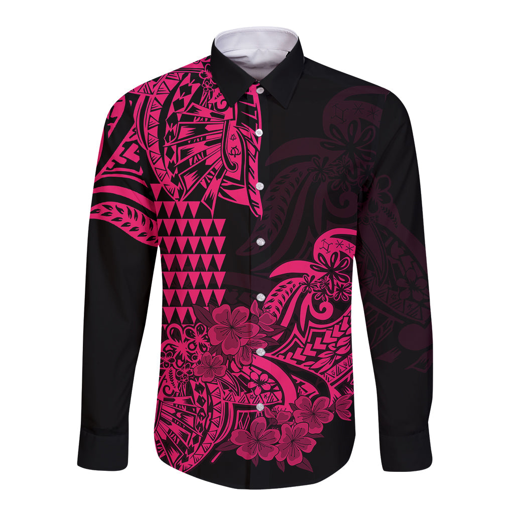 Hawaii Kakau Long Sleeve Button Shirt Polynesian Floral Tribal Pink Version