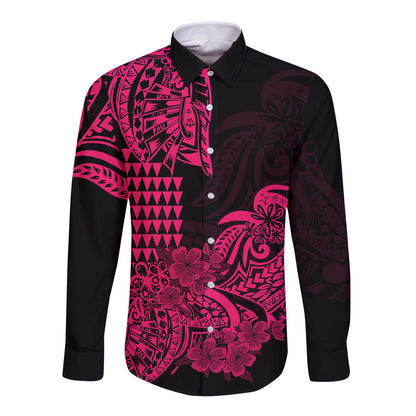 Hawaii Kakau Long Sleeve Button Shirt Polynesian Floral Tribal Pink Version