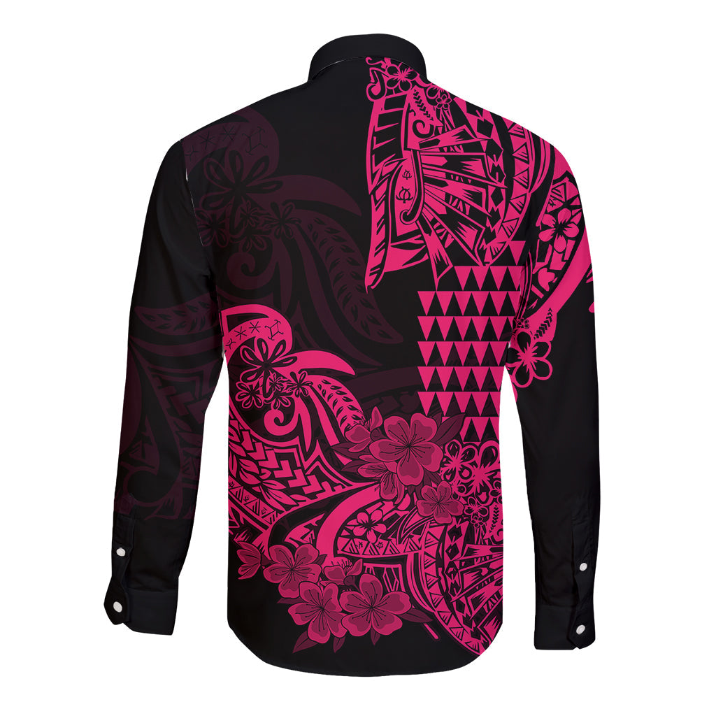 Hawaii Kakau Long Sleeve Button Shirt Polynesian Floral Tribal Pink Version
