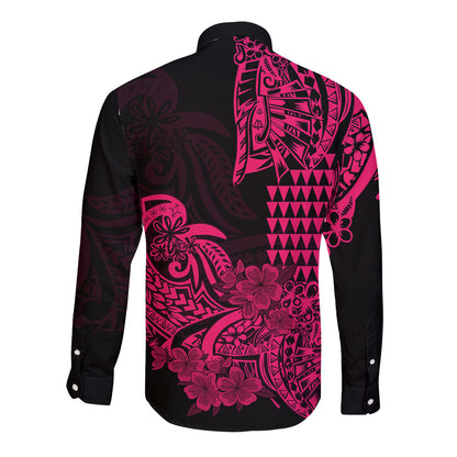 Hawaii Kakau Long Sleeve Button Shirt Polynesian Floral Tribal Pink Version
