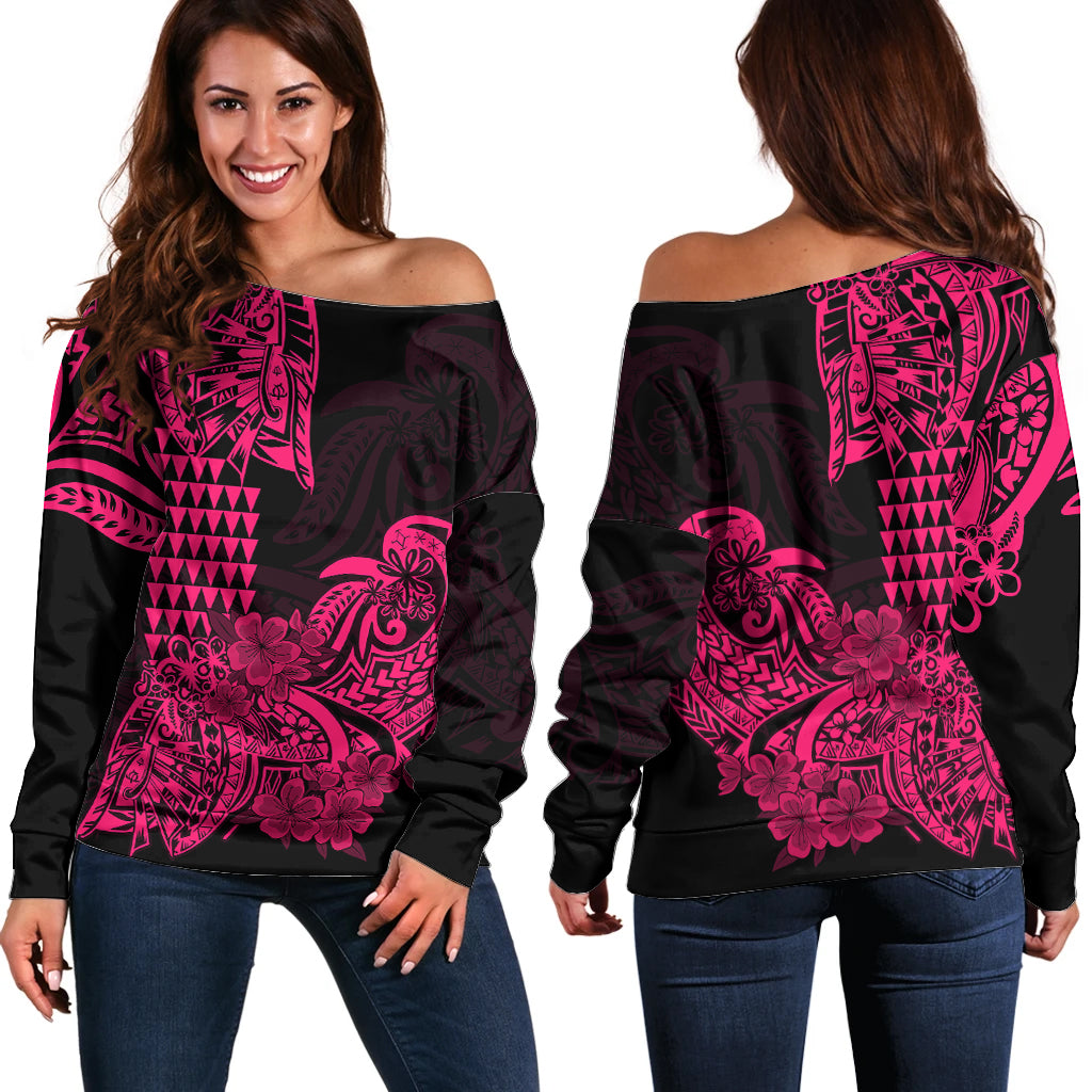 Hawaii Kakau Off Shoulder Sweater Polynesian Floral Tribal Pink Version
