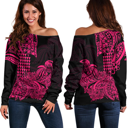 Hawaii Kakau Off Shoulder Sweater Polynesian Floral Tribal Pink Version