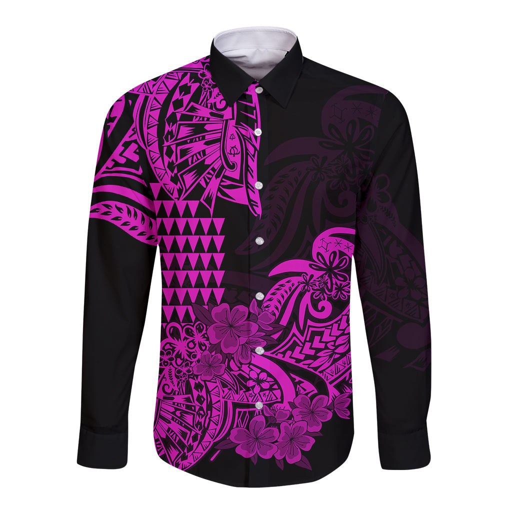 Hawaii Kakau Long Sleeve Button Shirt Polynesian Floral Tribal Purple Version