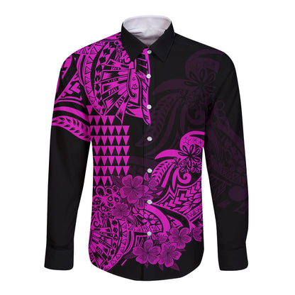 Hawaii Kakau Long Sleeve Button Shirt Polynesian Floral Tribal Purple Version