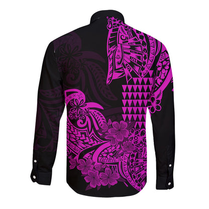 Hawaii Kakau Long Sleeve Button Shirt Polynesian Floral Tribal Purple Version