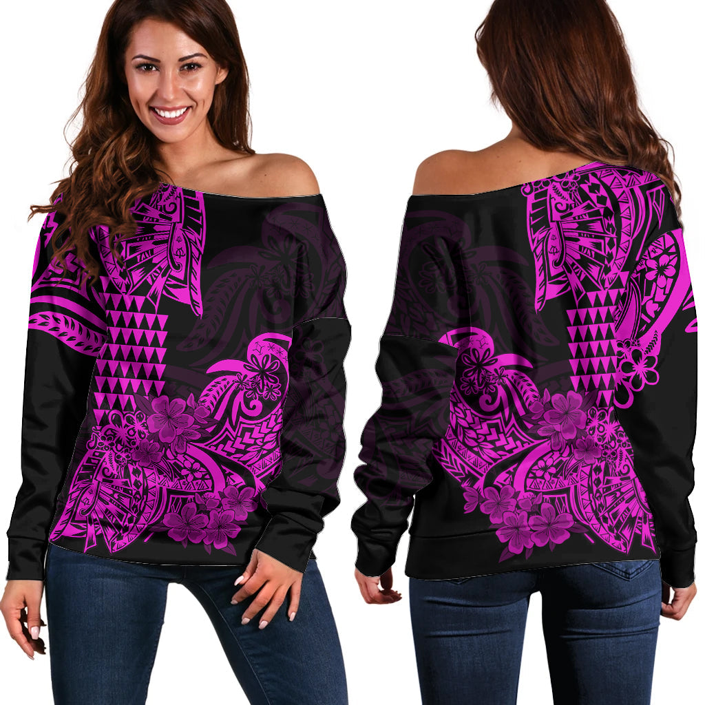 Hawaii Kakau Off Shoulder Sweater Polynesian Floral Tribal Purple Version