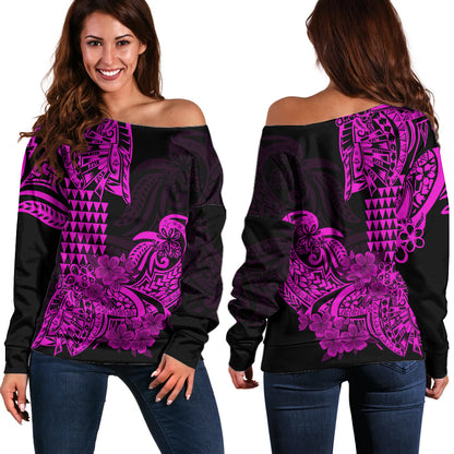Hawaii Kakau Off Shoulder Sweater Polynesian Floral Tribal Purple Version