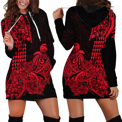 Hawaii Kakau Hoodie Dress Polynesian Floral Tribal Red Version