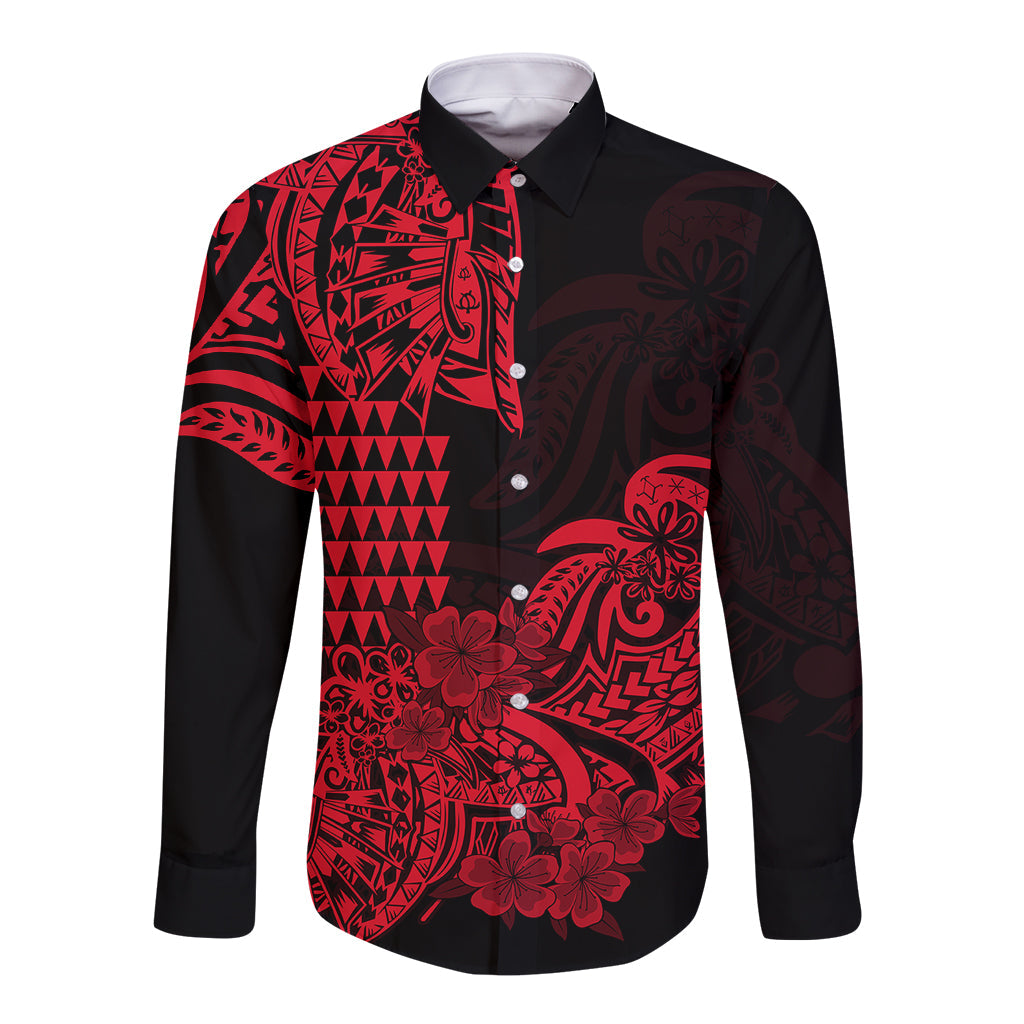 Hawaii Kakau Long Sleeve Button Shirt Polynesian Floral Tribal Red Version