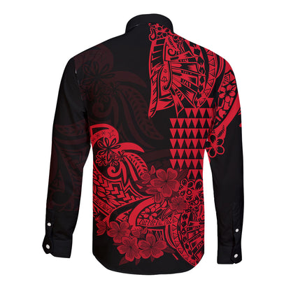 Hawaii Kakau Long Sleeve Button Shirt Polynesian Floral Tribal Red Version