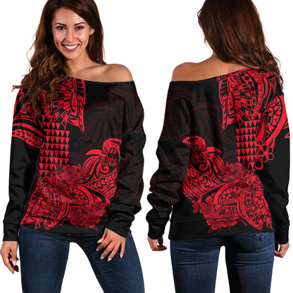 Hawaii Kakau Off Shoulder Sweater Polynesian Floral Tribal Red Version