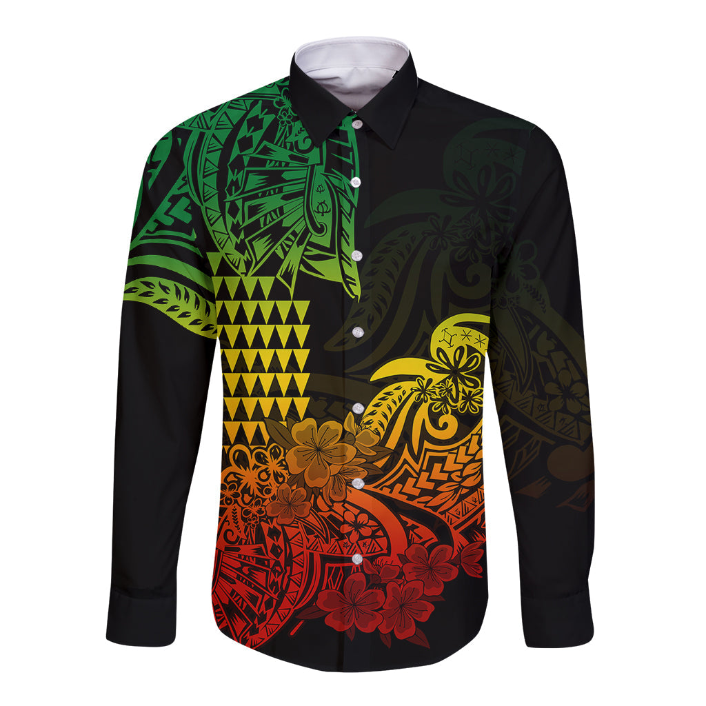 Hawaii Kakau Long Sleeve Button Shirt Polynesian Floral Tribal Reggae Version