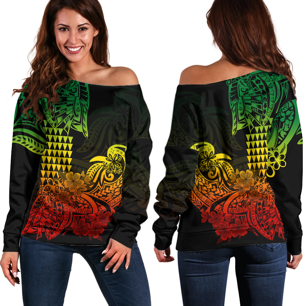 Hawaii Kakau Off Shoulder Sweater Polynesian Floral Tribal Reggae Version