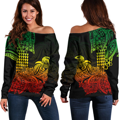 Hawaii Kakau Off Shoulder Sweater Polynesian Floral Tribal Reggae Version