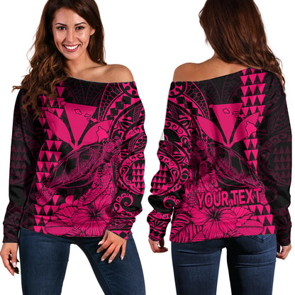 (Custom Personalised) Kakau Polynesian Tribal Hawaiian Turtle with Kanaka Maoli Pink Off Shoulder Sweater