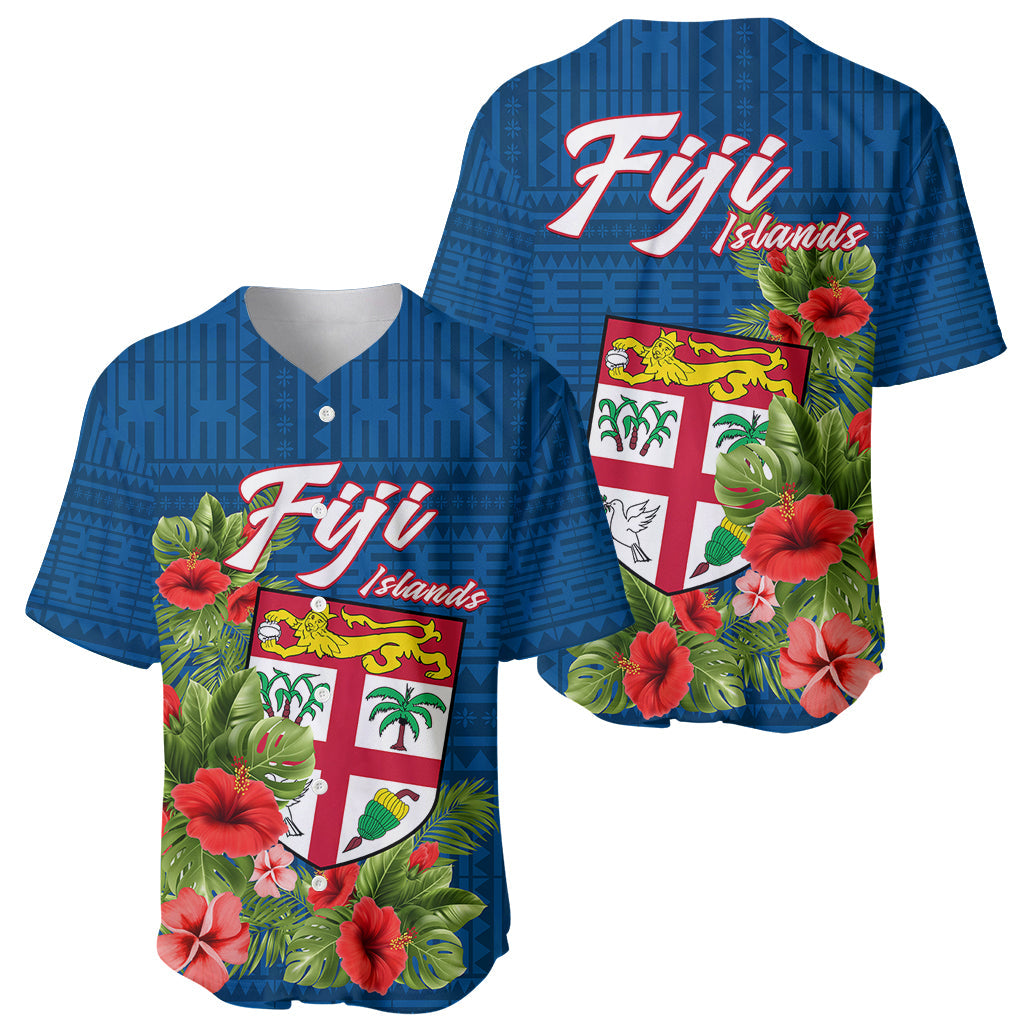 Polynesian Fiji Baseball Jersey Tropical Flowers and Tapa Pattern