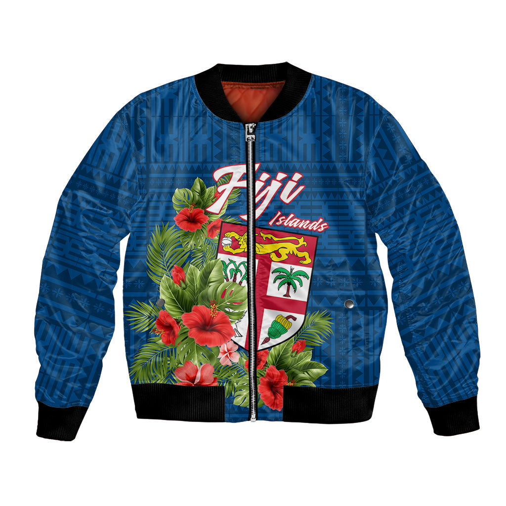 Polynesian Fiji Bomber Jacket Tropical Flowers and Tapa Pattern