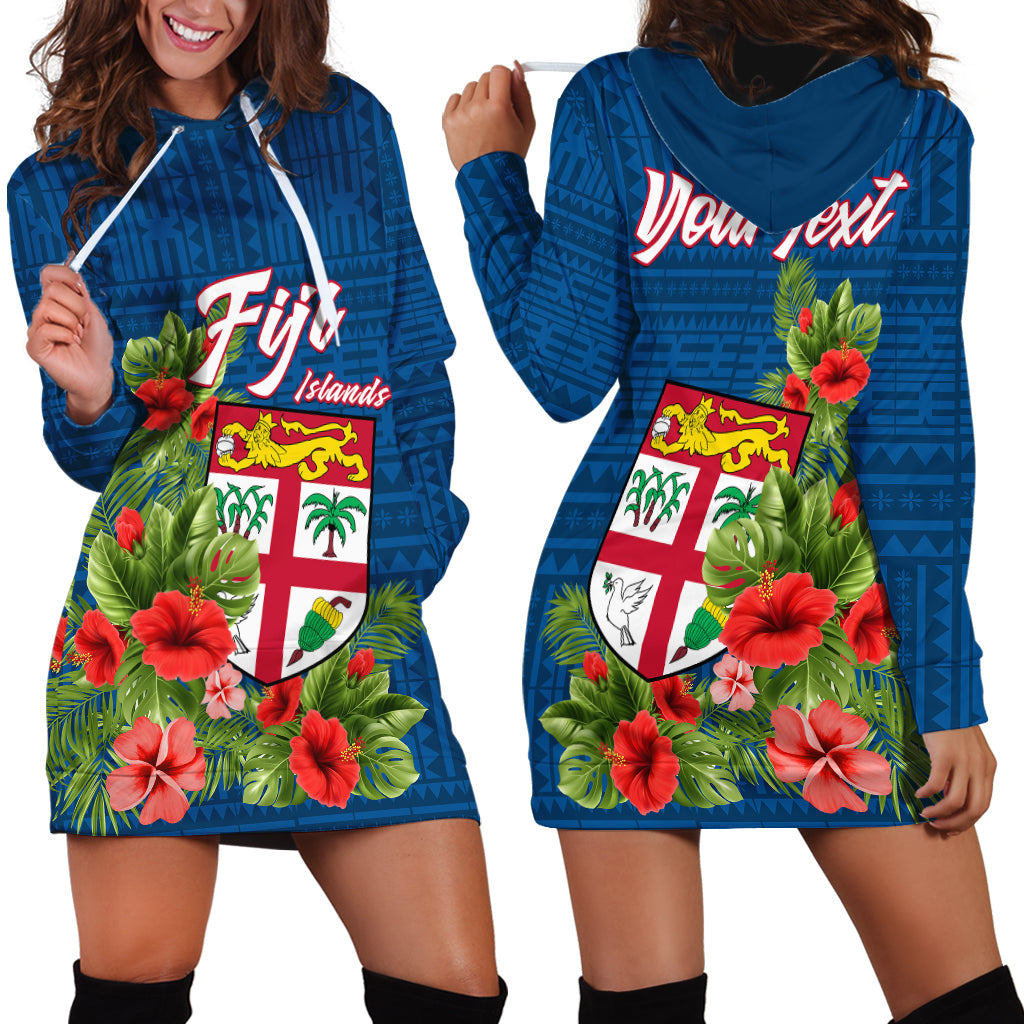 Personalised Fiji Hoodie Dress Tropical Flowers and Tapa Pattern