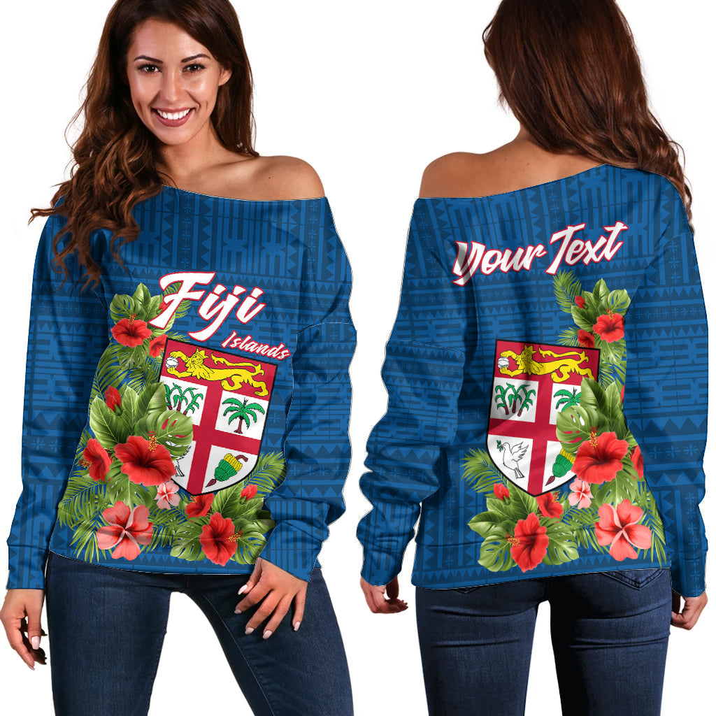 Personalised Fiji Off Shoulder Sweater Tropical Flowers and Tapa Pattern