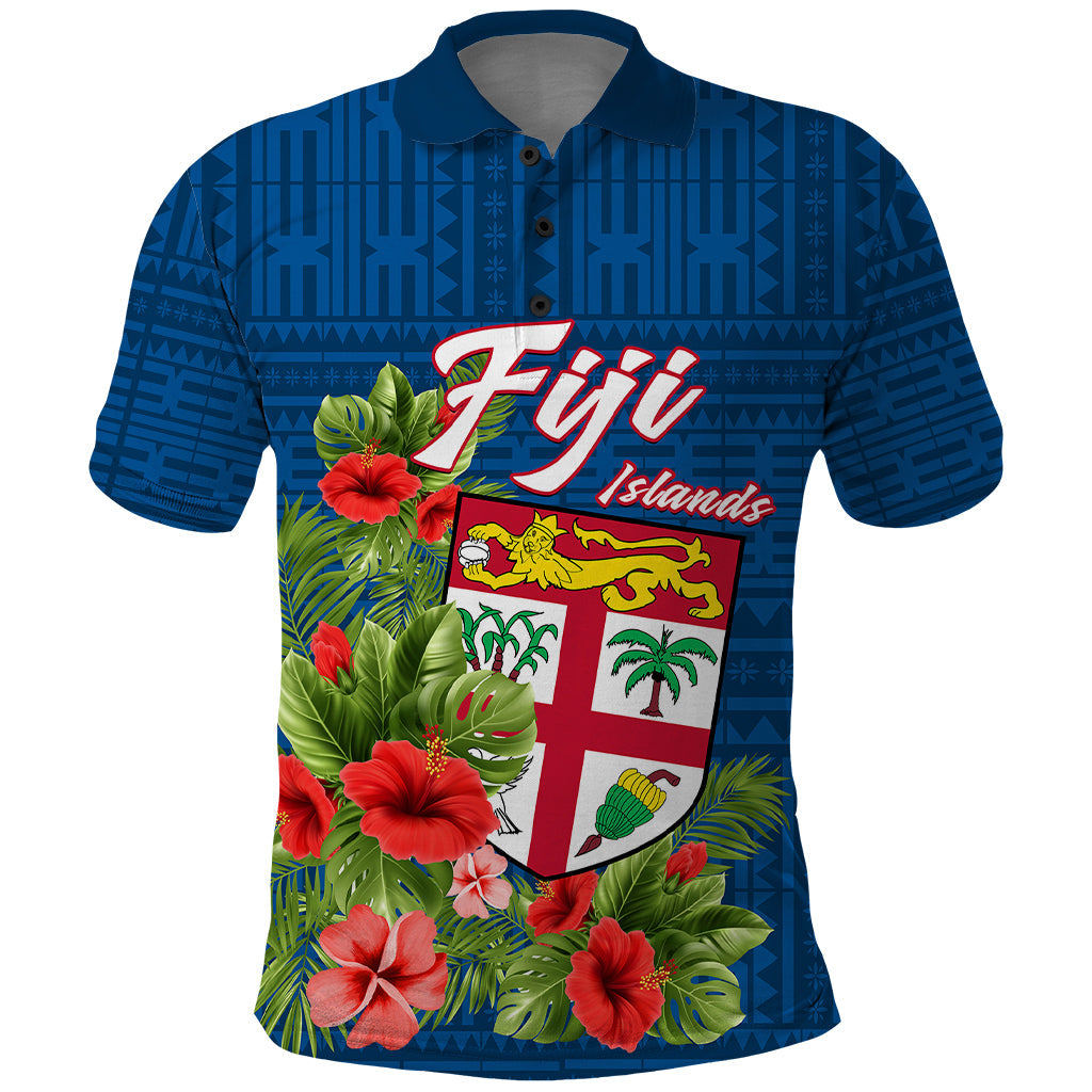Personalised Fiji Polo Shirt Tropical Flowers and Tapa Pattern