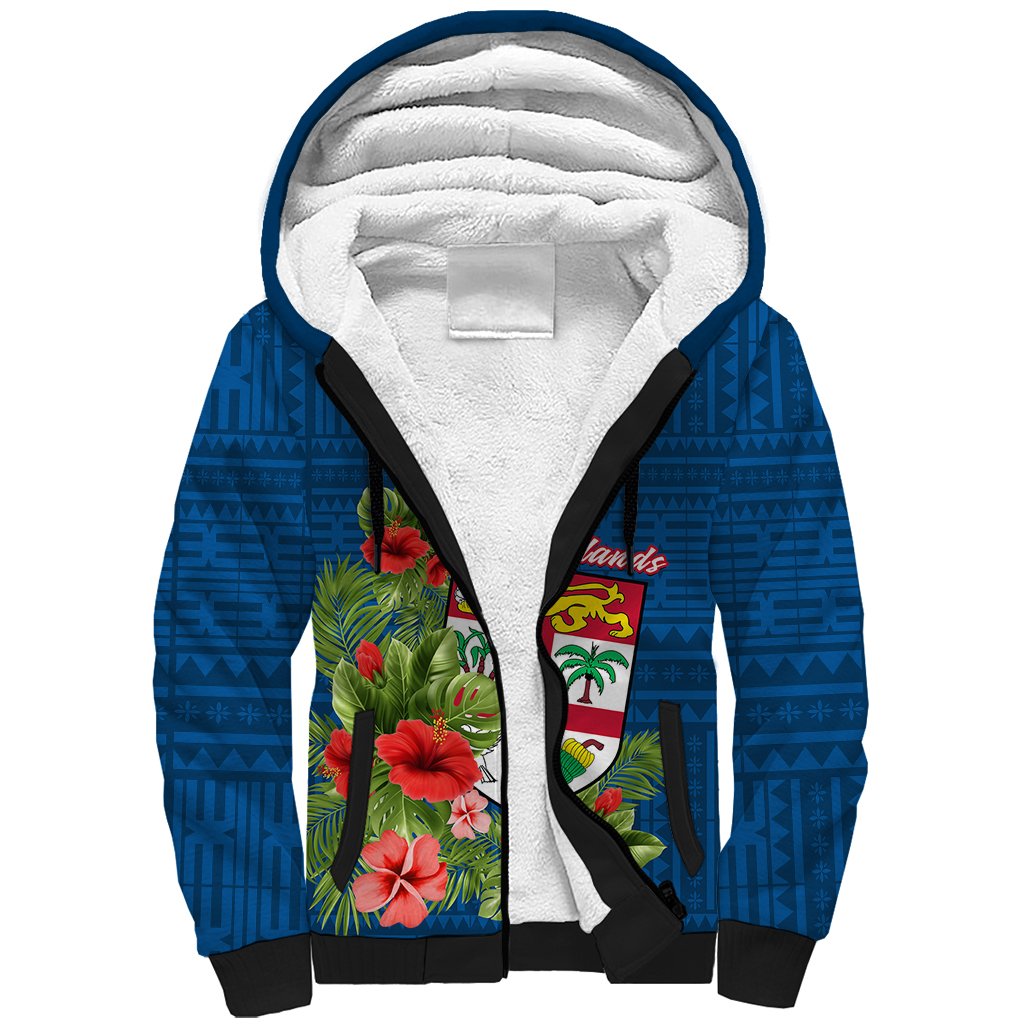 Personalised Fiji Sherpa Hoodie Tropical Flowers and Tapa Pattern