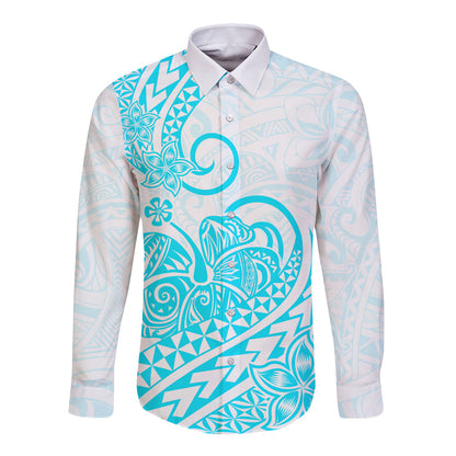 Polynesian Long Sleeve Button Shirt Tribal Tattoo Aqua Screen Color