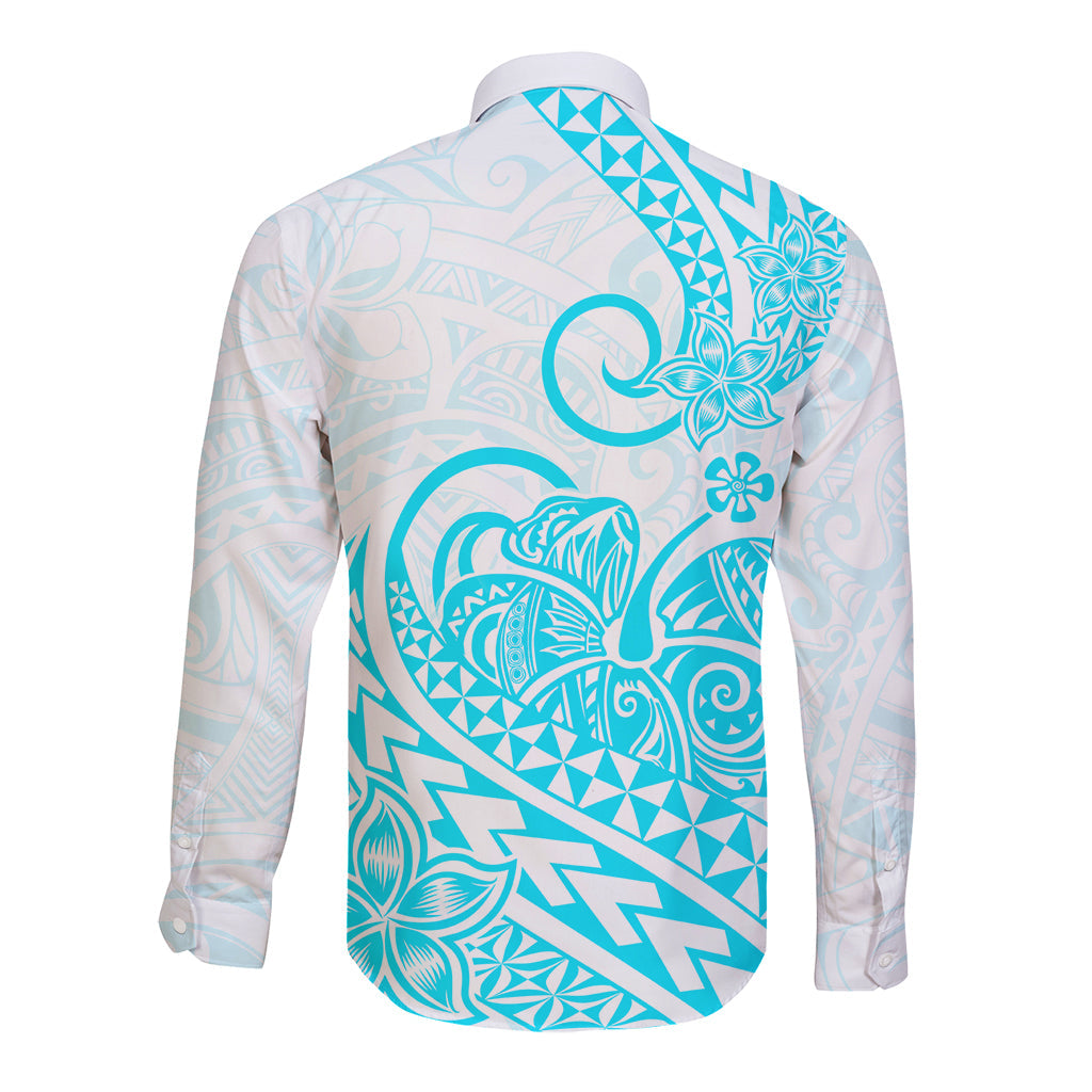 Polynesian Long Sleeve Button Shirt Tribal Tattoo Aqua Screen Color