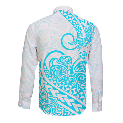 Polynesian Long Sleeve Button Shirt Tribal Tattoo Aqua Screen Color