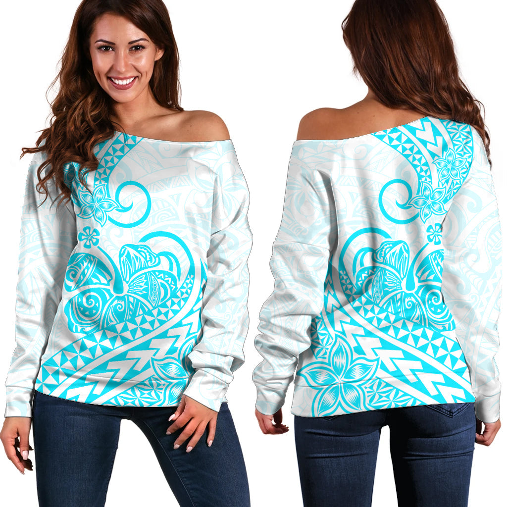 Polynesian Off Shoulder Sweater Tribal Tattoo Aqua Screen Color