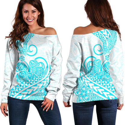 Polynesian Off Shoulder Sweater Tribal Tattoo Aqua Screen Color
