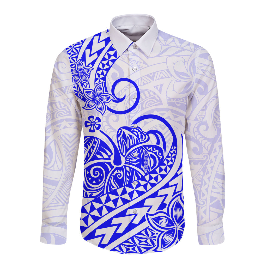 Polynesian Long Sleeve Button Shirt Tribal Tattoo Blue Screen Color