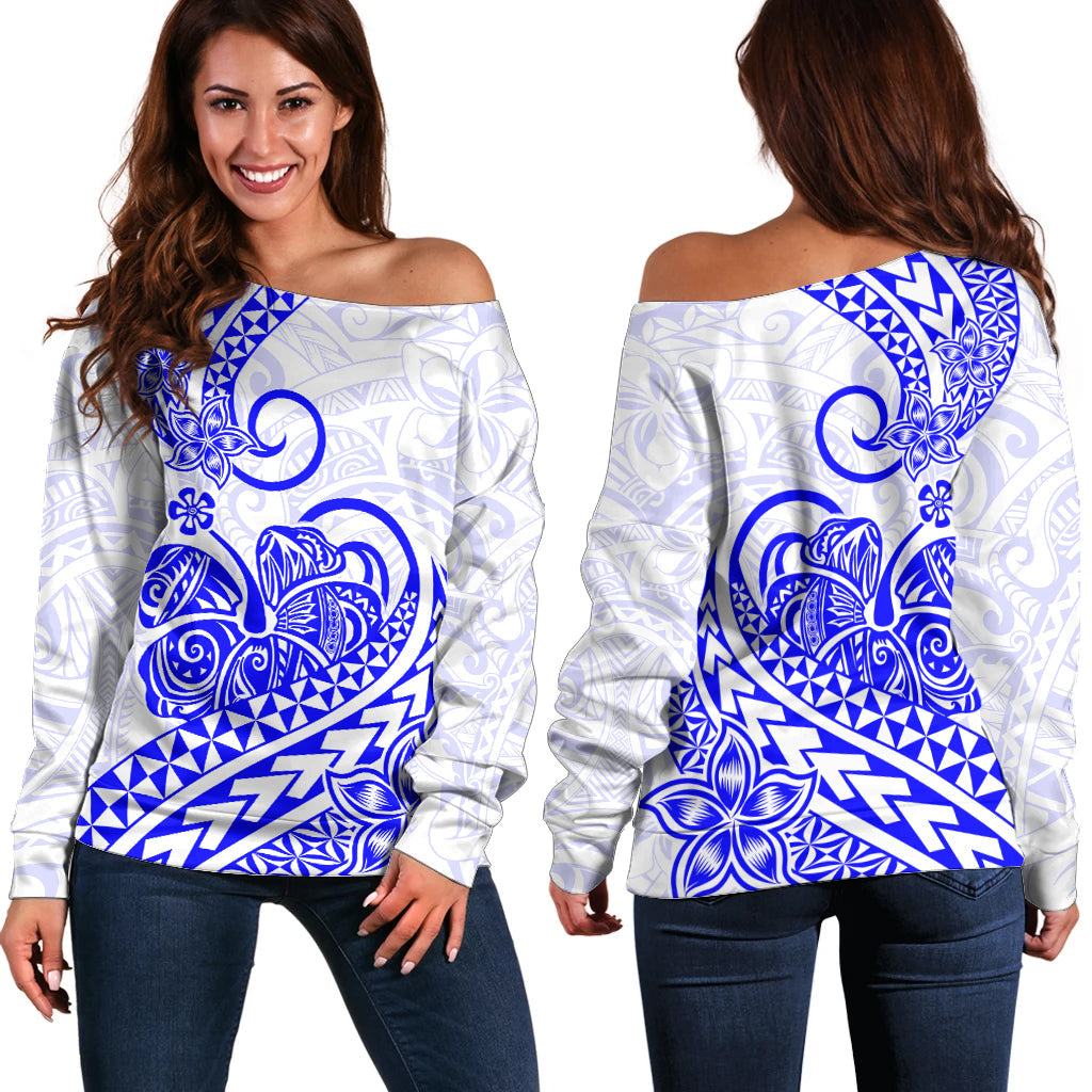 Polynesian Off Shoulder Sweater Tribal Tattoo Blue Screen Color