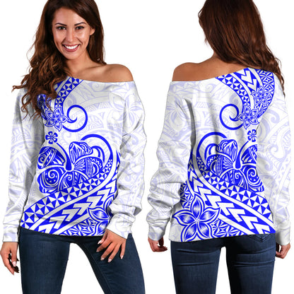 Polynesian Off Shoulder Sweater Tribal Tattoo Blue Screen Color
