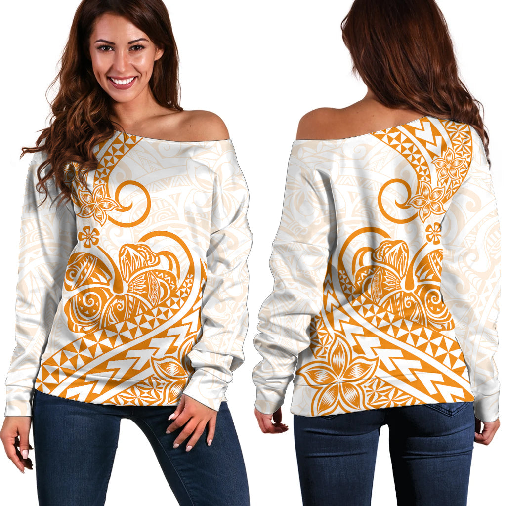 Polynesian Off Shoulder Sweater Tribal Tattoo Gold Screen Color