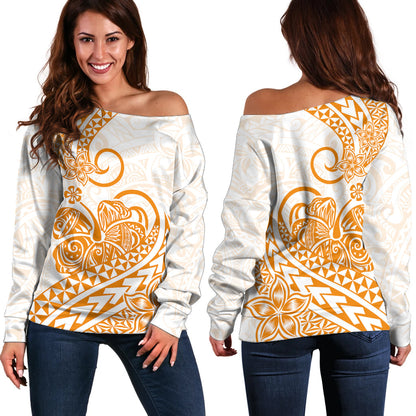 Polynesian Off Shoulder Sweater Tribal Tattoo Gold Screen Color